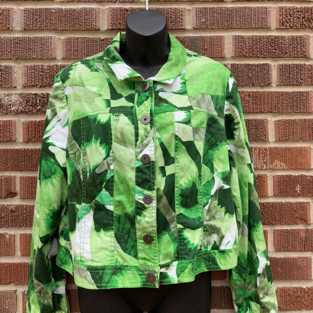 Yest Green Floral Leaves Cotton blend Lightweight Spring Jacket Sz 14-16